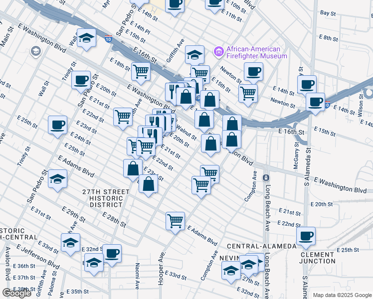map of restaurants, bars, coffee shops, grocery stores, and more near 1364 East 20th Street in Los Angeles