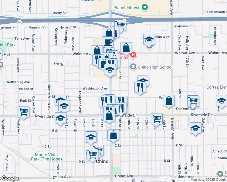 map of restaurants, bars, coffee shops, grocery stores, and more near 5056 Washington Avenue in Chino