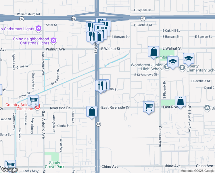 map of restaurants, bars, coffee shops, grocery stores, and more near 239 East Merion Street in Ontario