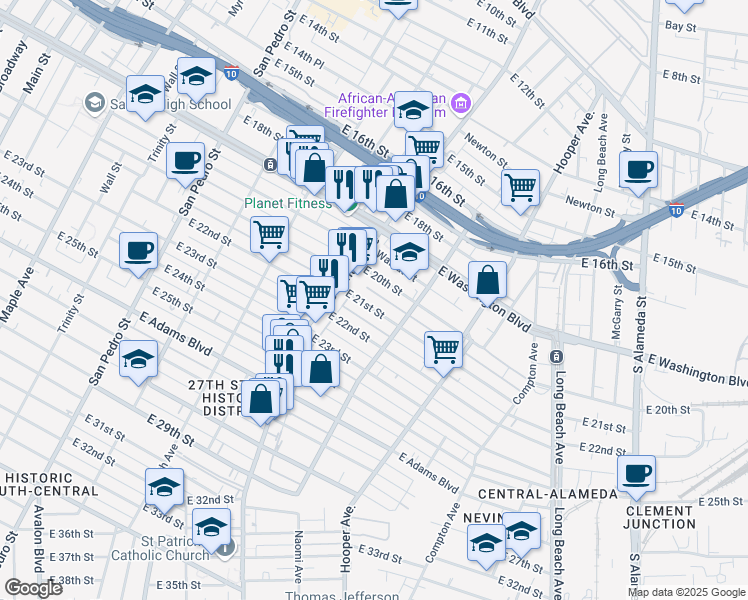 map of restaurants, bars, coffee shops, grocery stores, and more near 1343 East 21st Street in Los Angeles