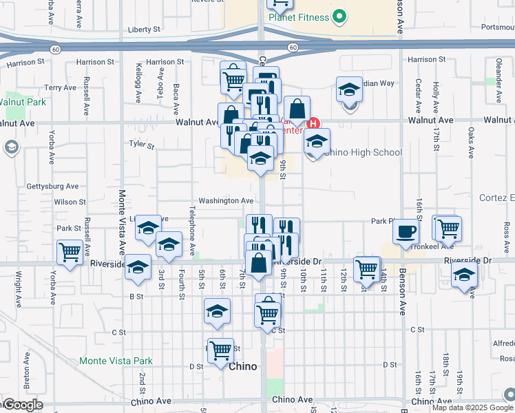 map of restaurants, bars, coffee shops, grocery stores, and more near 12740 Central Avenue in Chino