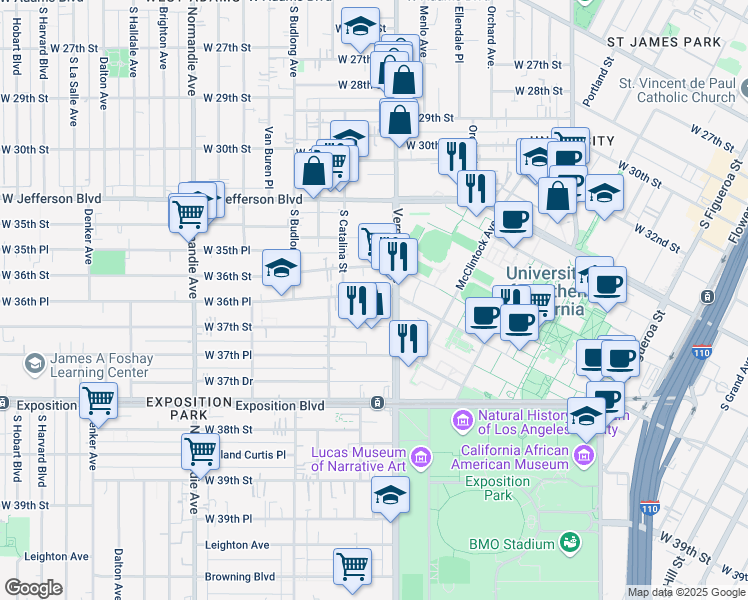 map of restaurants, bars, coffee shops, grocery stores, and more near 1128 West 36th Place in Los Angeles