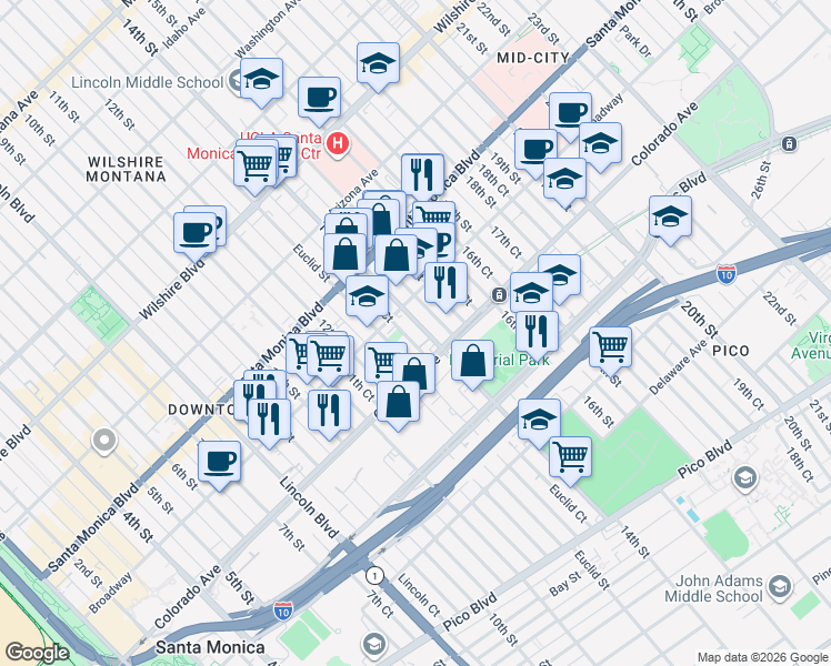 map of restaurants, bars, coffee shops, grocery stores, and more near 1543 Euclid Court in Santa Monica