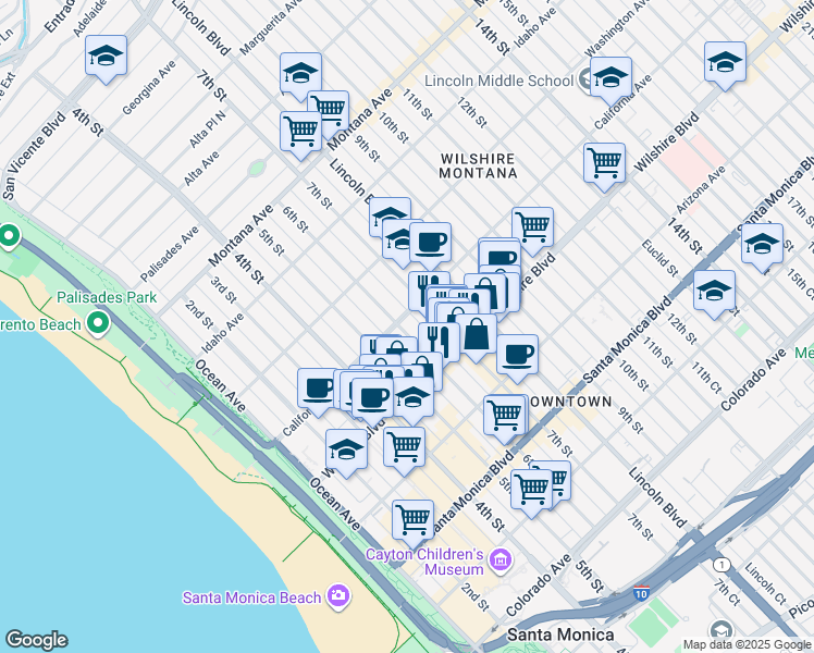 map of restaurants, bars, coffee shops, grocery stores, and more near 1133 6th Street in Santa Monica