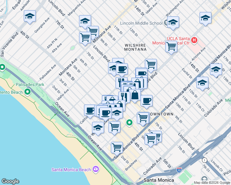 map of restaurants, bars, coffee shops, grocery stores, and more near 602 California Avenue in Santa Monica