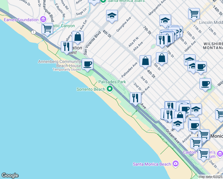 map of restaurants, bars, coffee shops, grocery stores, and more near 270 Palisades Beach Road in Santa Monica