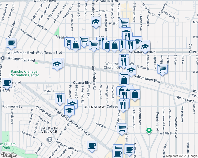 map of restaurants, bars, coffee shops, grocery stores, and more near 3637 Virginia Road in Los Angeles