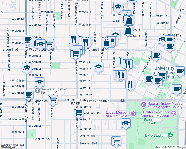 map of restaurants, bars, coffee shops, grocery stores, and more near 1290 West 36th Place in Los Angeles