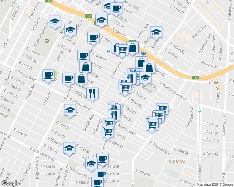 map of restaurants, bars, coffee shops, grocery stores, and more near 1207 East 23rd Street in Los Angeles