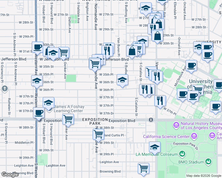 map of restaurants, bars, coffee shops, grocery stores, and more near 1290 West 36th Place in Los Angeles