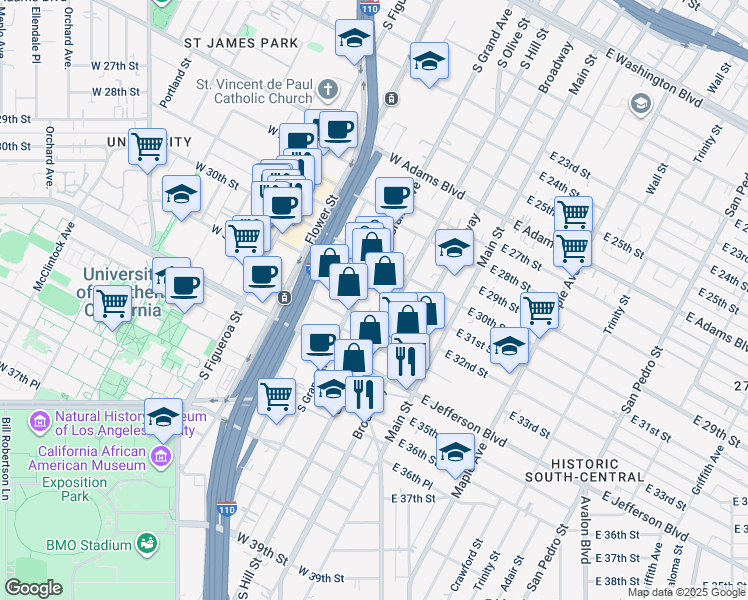 map of restaurants, bars, coffee shops, grocery stores, and more near 3192 South Grand Avenue in Los Angeles
