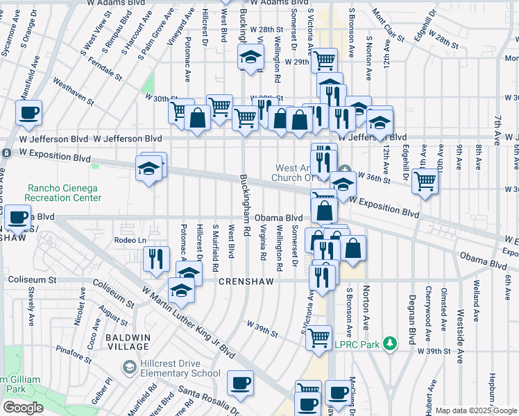 map of restaurants, bars, coffee shops, grocery stores, and more near 3637 Virginia Road in Los Angeles