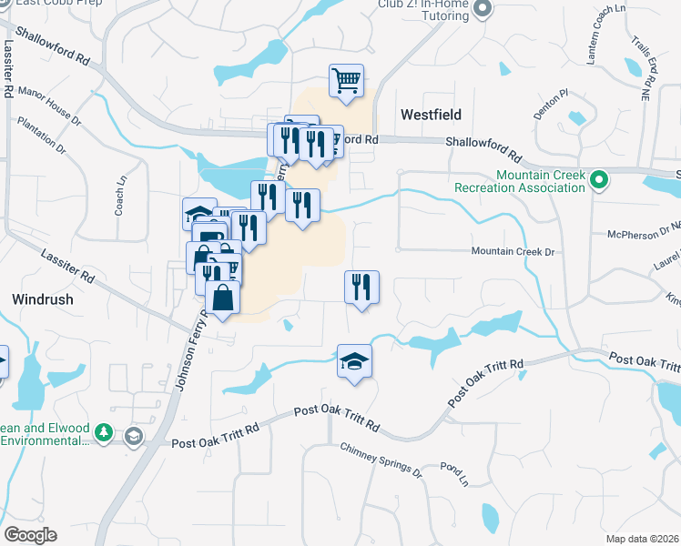 map of restaurants, bars, coffee shops, grocery stores, and more near 2987 Sedgewick Place in Marietta