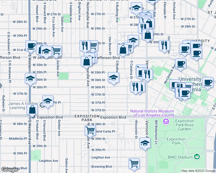 map of restaurants, bars, coffee shops, grocery stores, and more near 1289 West 36th Place in Los Angeles