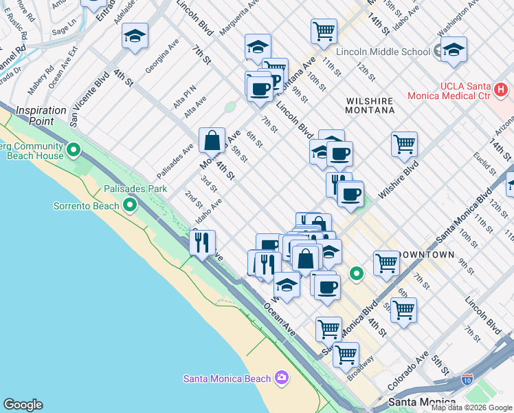map of restaurants, bars, coffee shops, grocery stores, and more near 950 4th Street in Santa Monica
