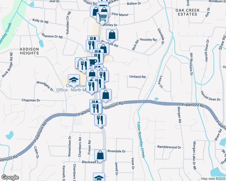 map of restaurants, bars, coffee shops, grocery stores, and more near 2610 Naylor Hall in Marietta