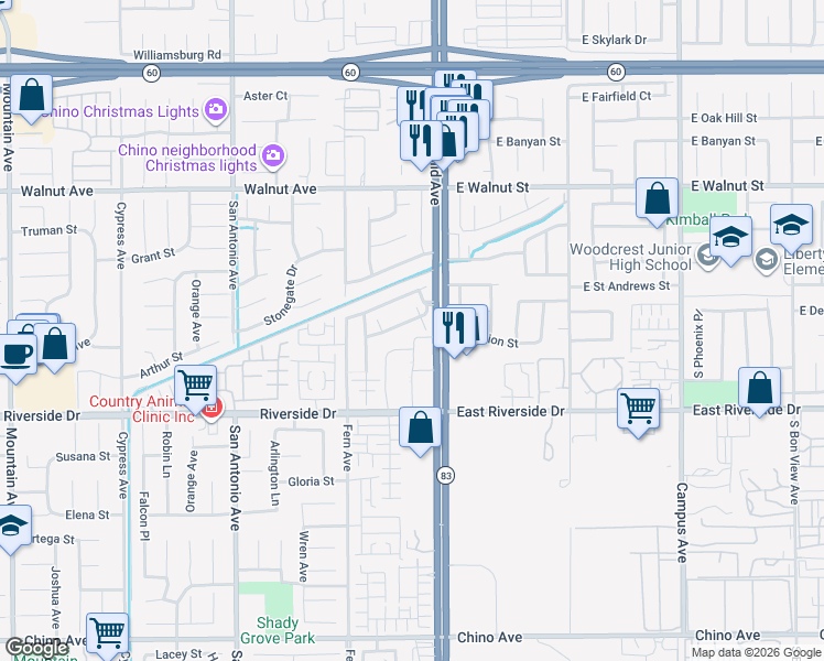 map of restaurants, bars, coffee shops, grocery stores, and more near 155 West Via Rua Flores in Ontario