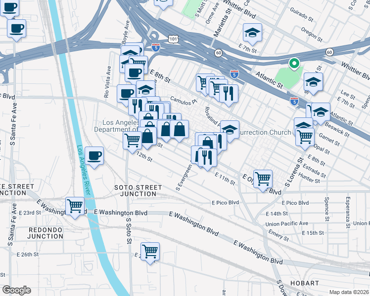 map of restaurants, bars, coffee shops, grocery stores, and more near 2933 East 11th Street in Los Angeles