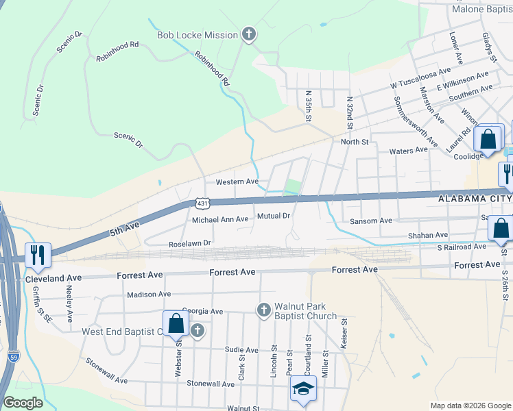 map of restaurants, bars, coffee shops, grocery stores, and more near 3501 Michael Ann Avenue in Gadsden