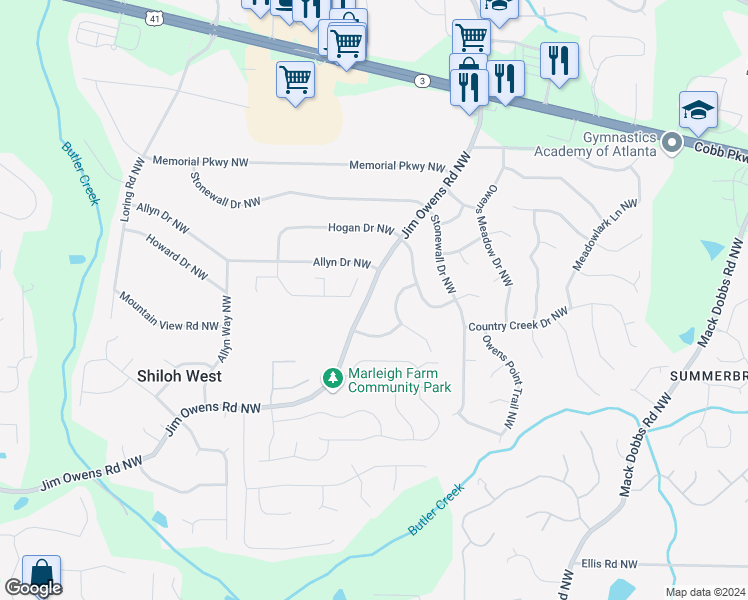 map of restaurants, bars, coffee shops, grocery stores, and more near 2804 Jim Owens Road Northwest in Kennesaw
