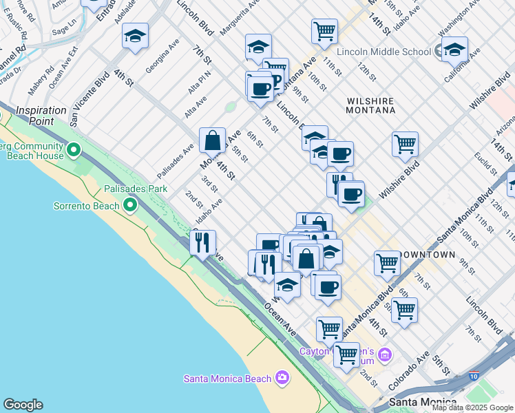 map of restaurants, bars, coffee shops, grocery stores, and more near 1002 4th Street in Santa Monica