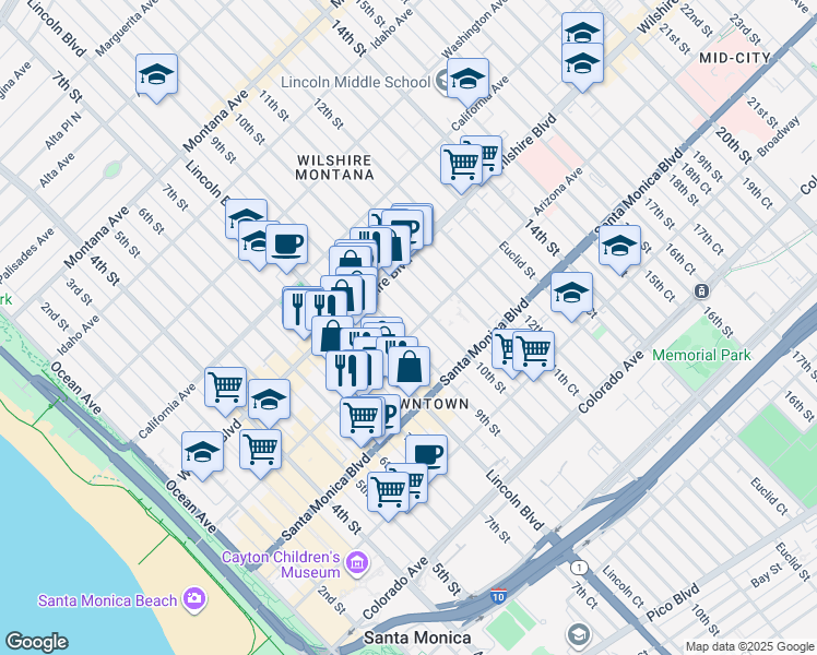 map of restaurants, bars, coffee shops, grocery stores, and more near 911 Arizona Avenue in Santa Monica