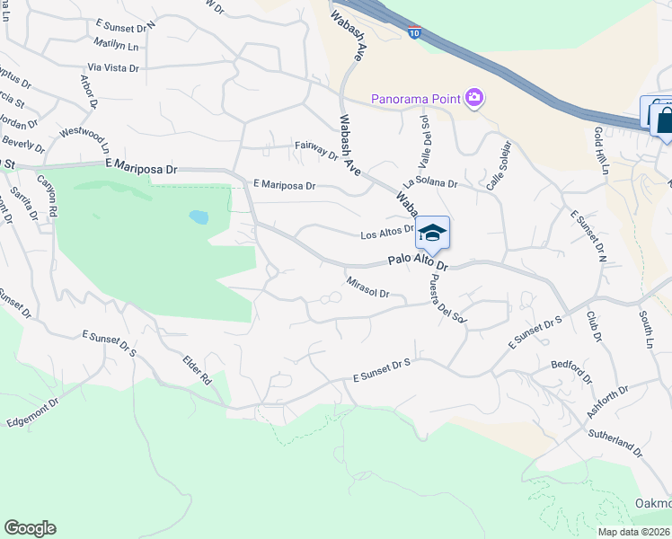 map of restaurants, bars, coffee shops, grocery stores, and more near 30545 Palo Alto Drive in Redlands