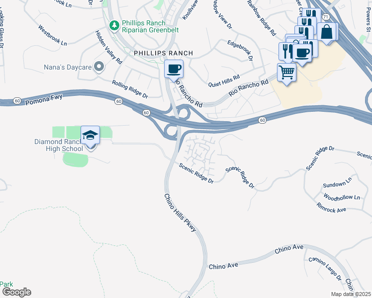 map of restaurants, bars, coffee shops, grocery stores, and more near 27 Stony Point Place in Pomona