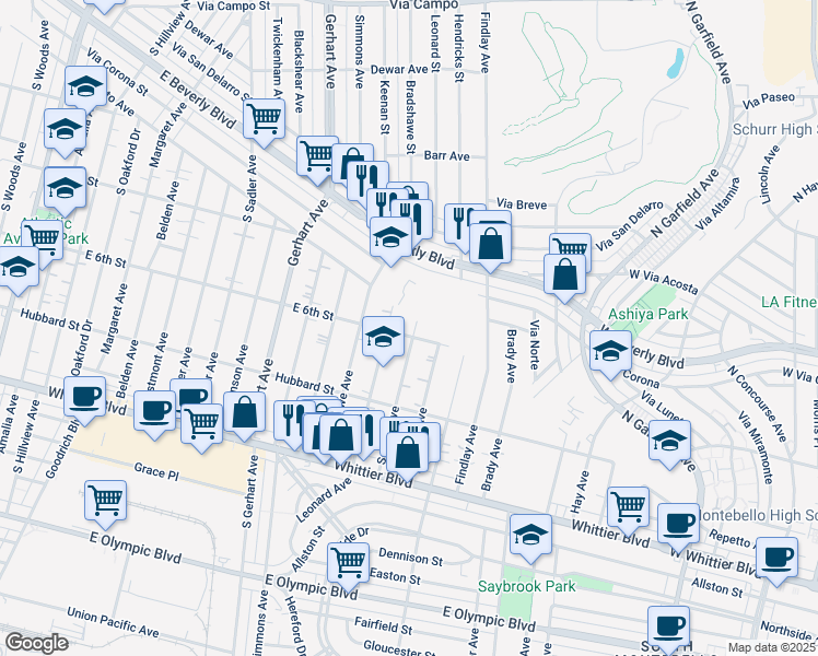 map of restaurants, bars, coffee shops, grocery stores, and more near 573 School Avenue in East Los Angeles