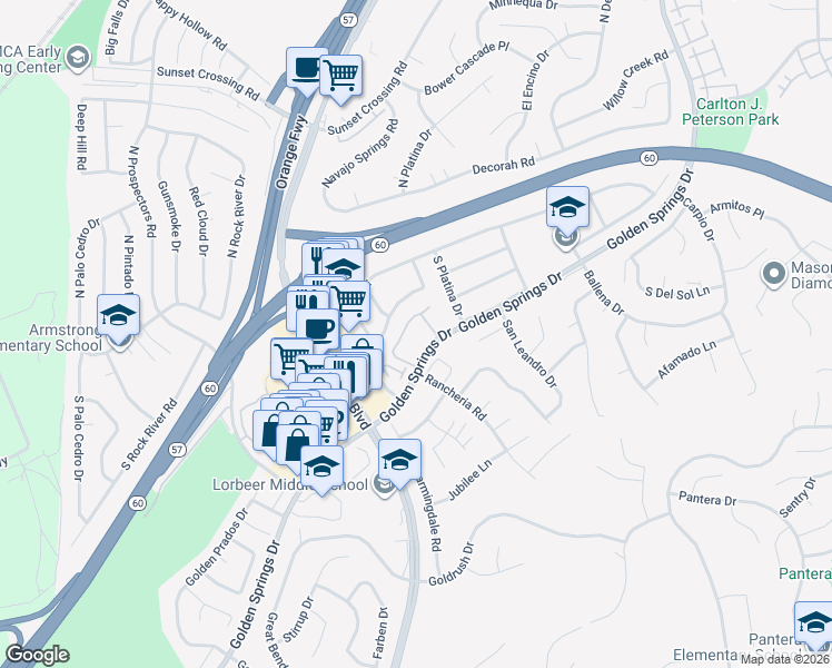 map of restaurants, bars, coffee shops, grocery stores, and more near 23635 Golden Springs Drive in Diamond Bar