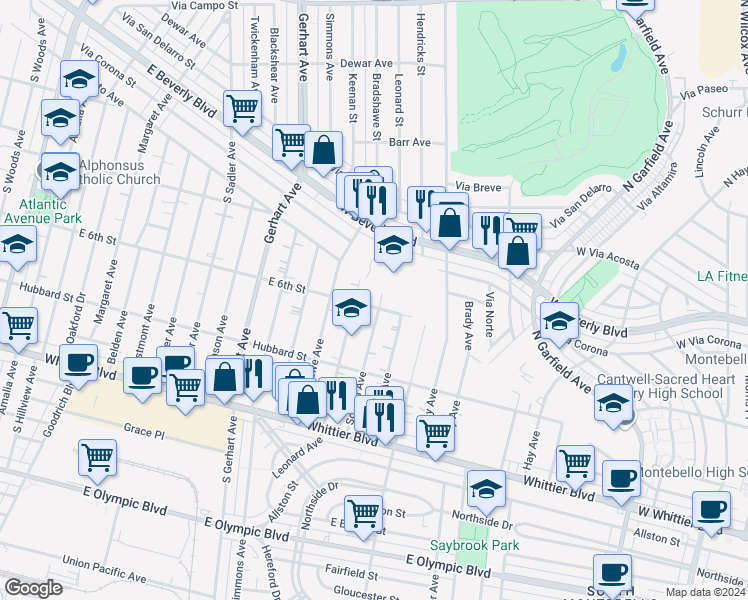 map of restaurants, bars, coffee shops, grocery stores, and more near 573 School Avenue in East Los Angeles