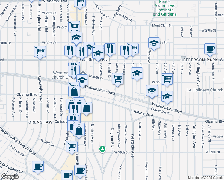 map of restaurants, bars, coffee shops, grocery stores, and more near 3201 West Exposition Place in Los Angeles