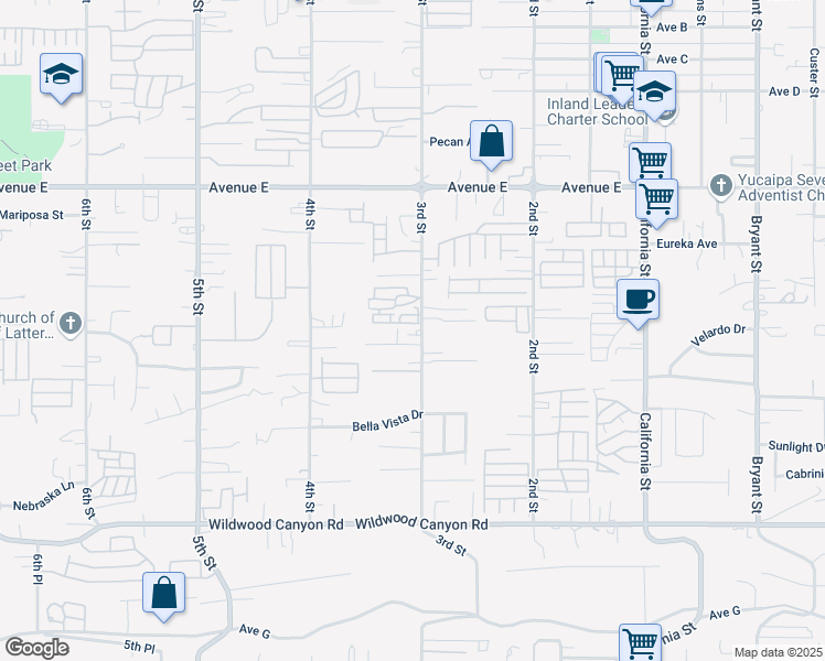 map of restaurants, bars, coffee shops, grocery stores, and more near 34675 Kelly Lane in Yucaipa
