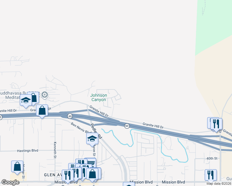 map of restaurants, bars, coffee shops, grocery stores, and more near 3700 Quartz Canyon Road in Riverside