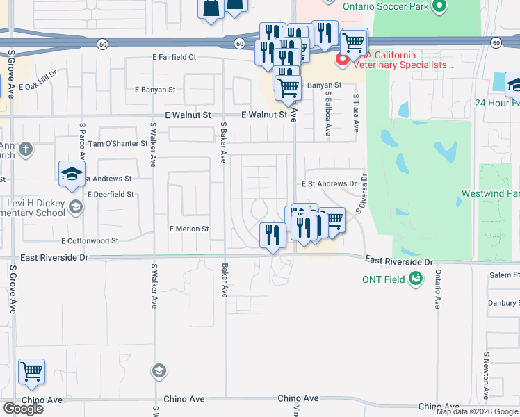 map of restaurants, bars, coffee shops, grocery stores, and more near Meadow Circle in Ontario
