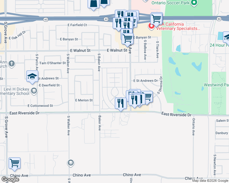 map of restaurants, bars, coffee shops, grocery stores, and more near Meadow Circle in Ontario