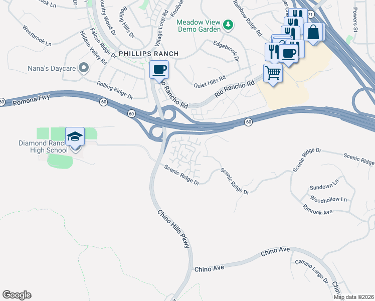 map of restaurants, bars, coffee shops, grocery stores, and more near 10 Wilderness Place in Pomona