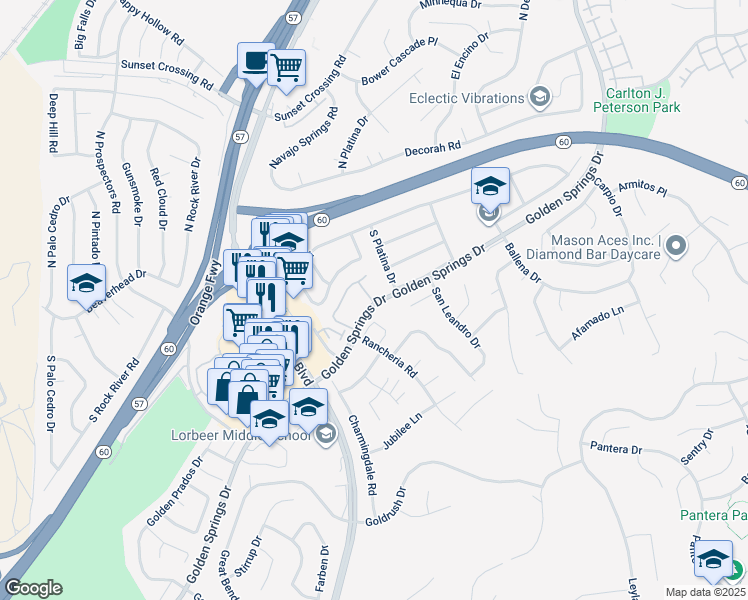 map of restaurants, bars, coffee shops, grocery stores, and more near 400 Rancheria Road in Diamond Bar
