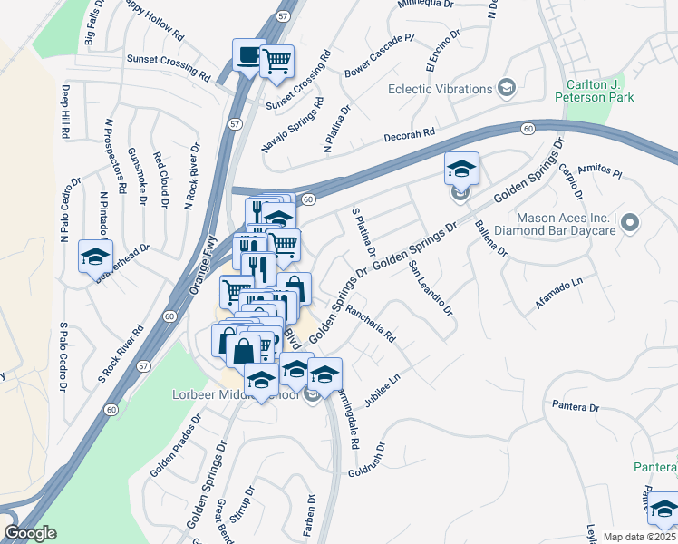 map of restaurants, bars, coffee shops, grocery stores, and more near 23611 Golden Springs Drive in Diamond Bar