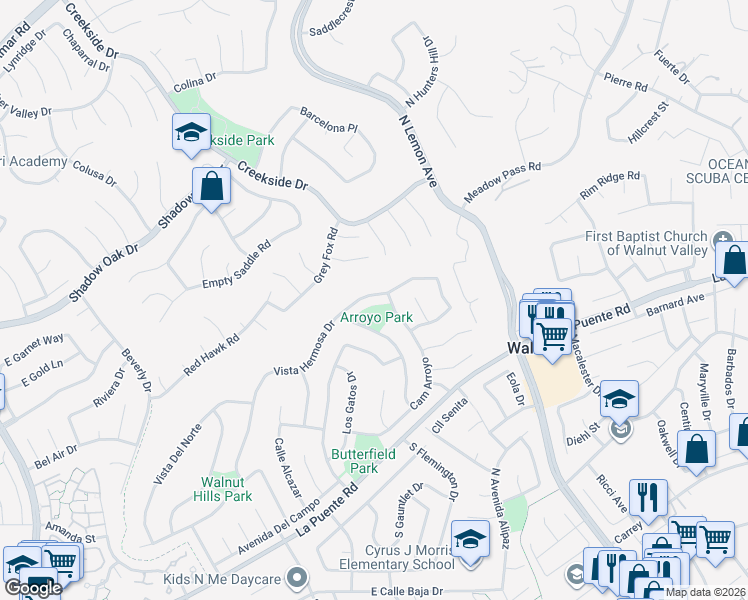 map of restaurants, bars, coffee shops, grocery stores, and more near 19883 Camino Arroyo in Walnut