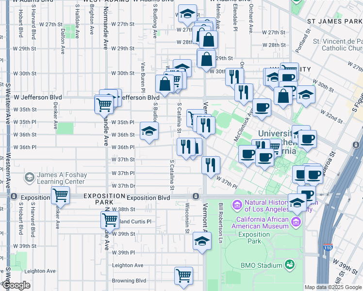 map of restaurants, bars, coffee shops, grocery stores, and more near 1147 West 37th Street in Los Angeles