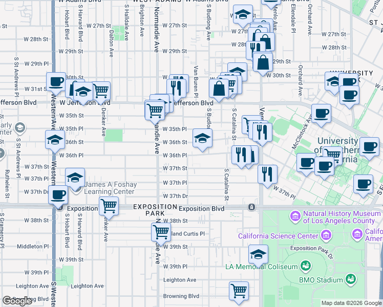 map of restaurants, bars, coffee shops, grocery stores, and more near 1290 West 36th Place in Los Angeles