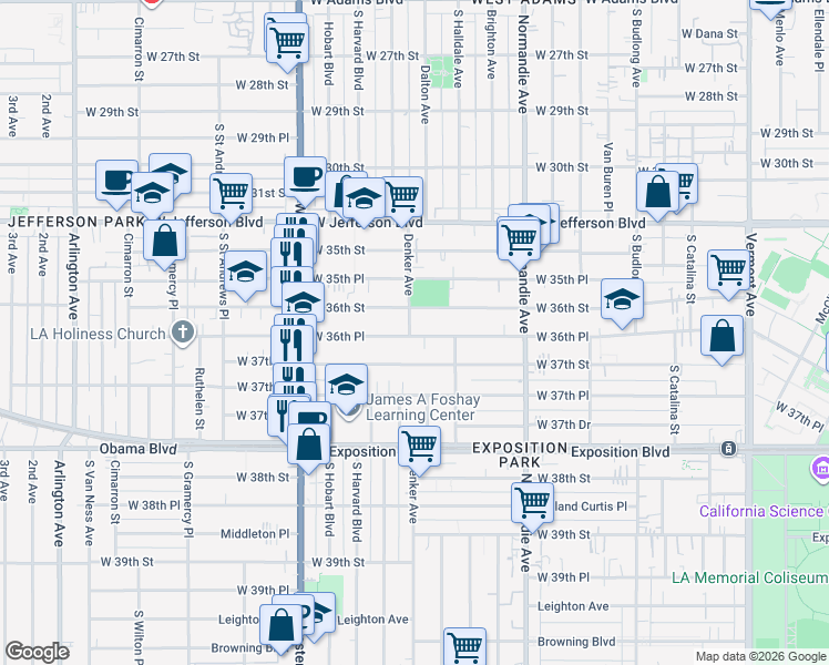 map of restaurants, bars, coffee shops, grocery stores, and more near 1568 West 36th Place in Los Angeles