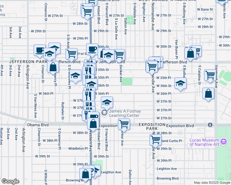 map of restaurants, bars, coffee shops, grocery stores, and more near 1568 West 36th Place in Los Angeles