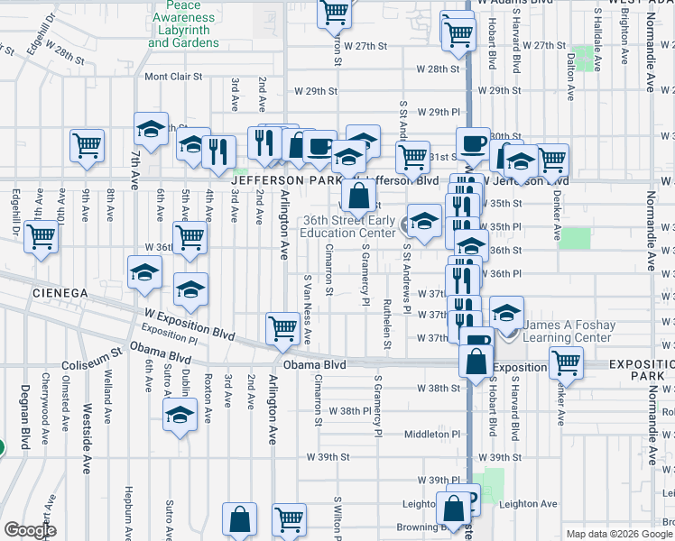 map of restaurants, bars, coffee shops, grocery stores, and more near 3660 Cimarron Street in Los Angeles