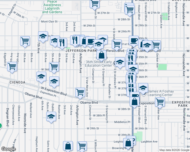 map of restaurants, bars, coffee shops, grocery stores, and more near 3660 Cimarron Street in Los Angeles