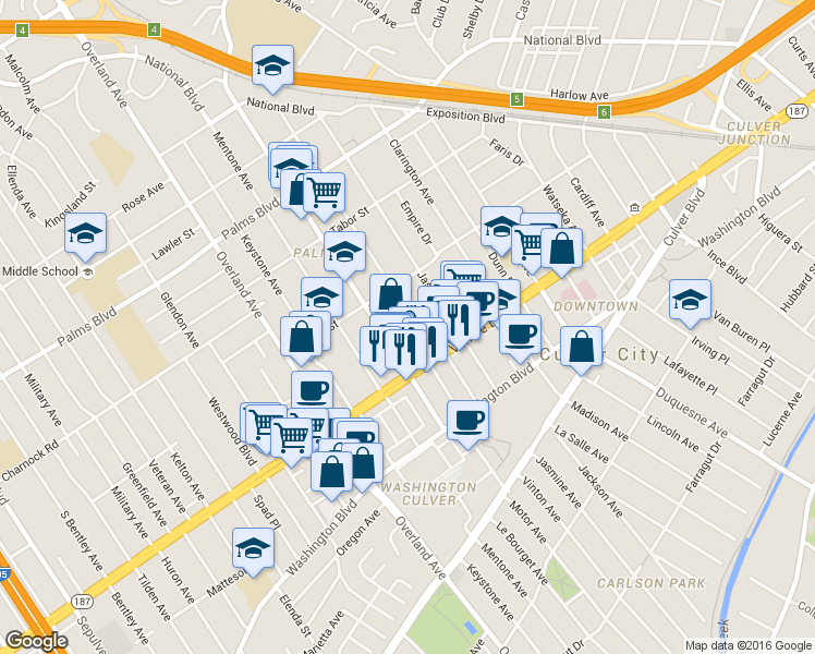map of restaurants, bars, coffee shops, grocery stores, and more near 3760 Motor Avenue in Los Angeles