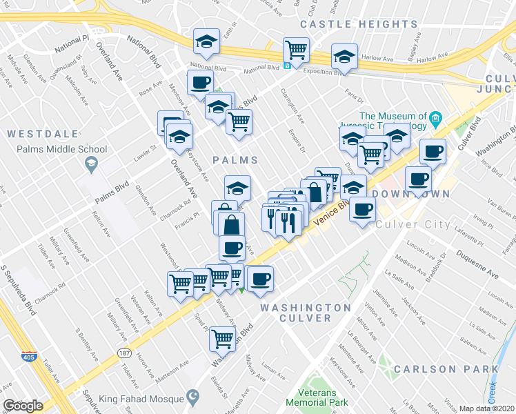 map of restaurants, bars, coffee shops, grocery stores, and more near 3737 Motor Avenue in Los Angeles