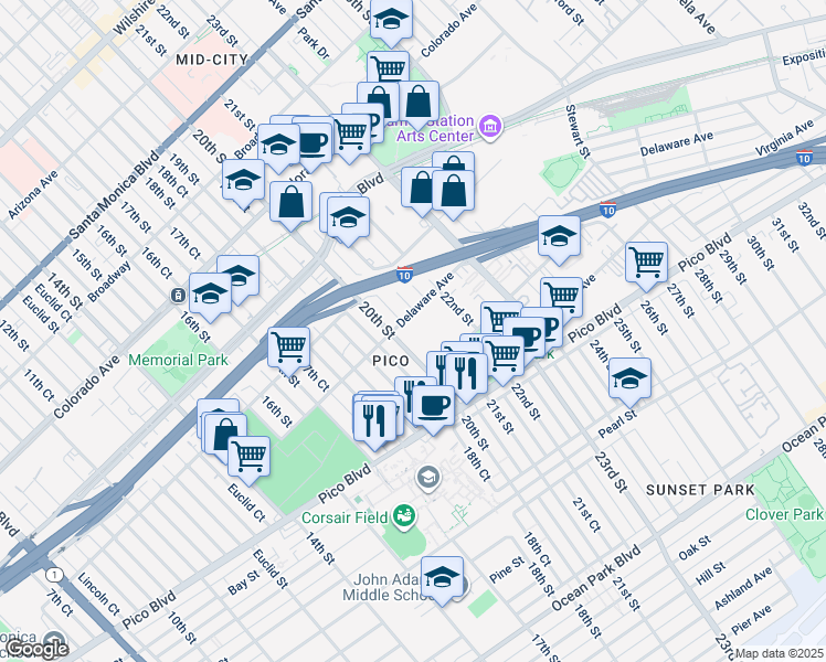 map of restaurants, bars, coffee shops, grocery stores, and more near 1921 20th Street in Santa Monica