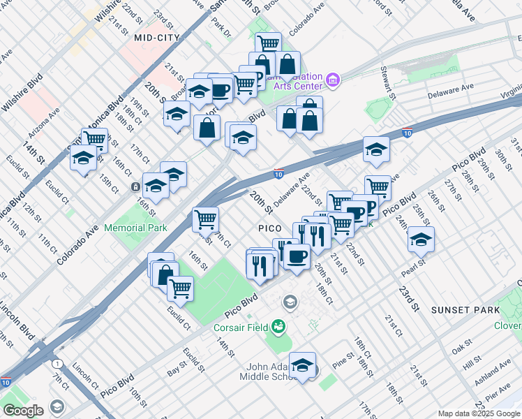 map of restaurants, bars, coffee shops, grocery stores, and more near 1843 19th Street in Santa Monica